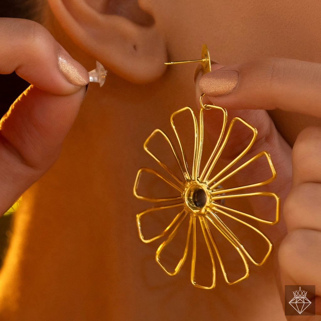 Anti-Tarnish Golden Flower & Emerald Earrings