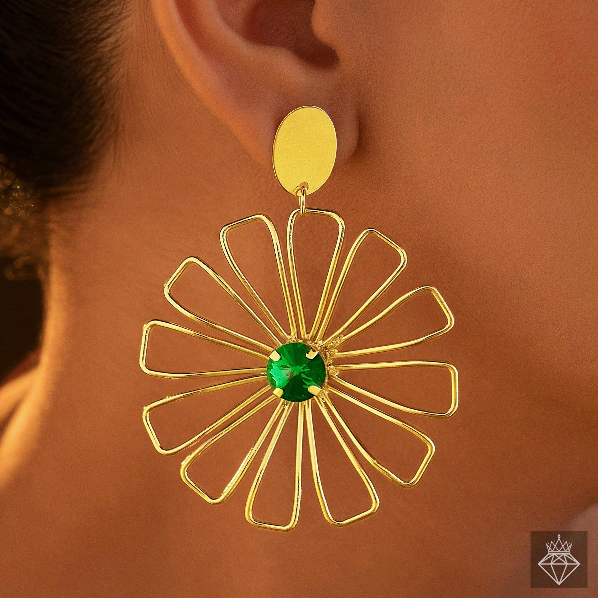 Anti-Tarnish Golden Flower & Emerald Earrings